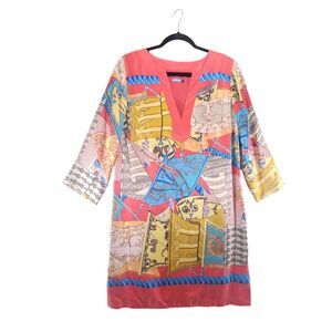 sz 8 J. McLaughlin Silk Tunic Shift Dress 3/4 Sleeve Knee Length Kaftan Resort